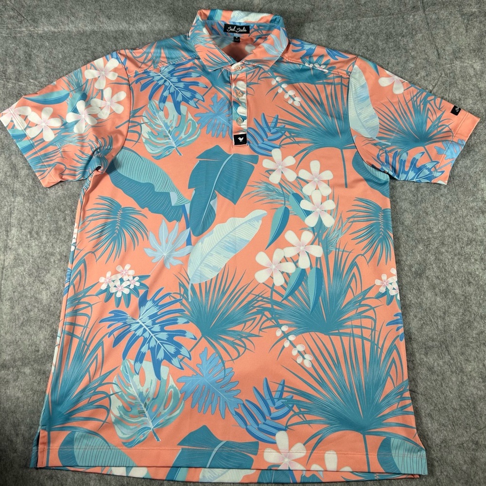 Bad Birdie Golf Polo Men’s Sz M Coral Blue Floral Tropical Performance Shirt